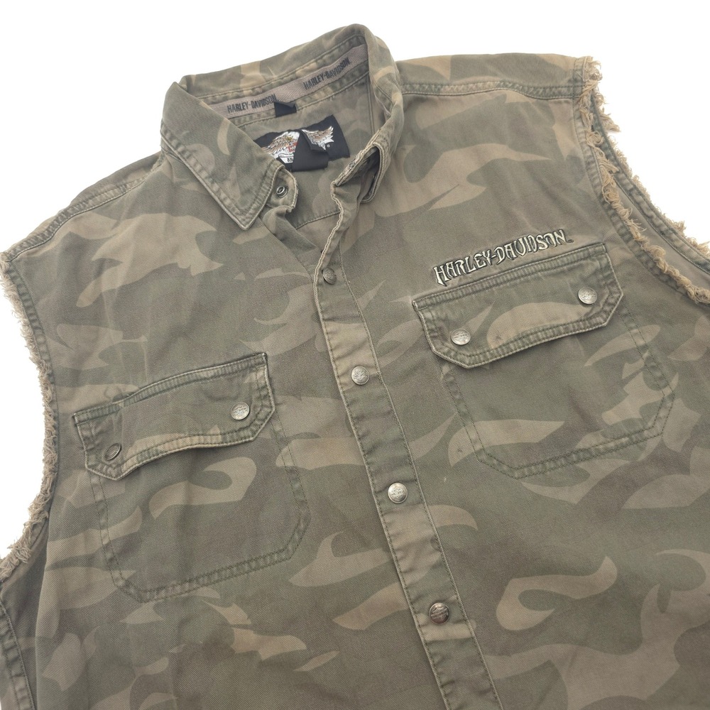 Harley-Davidson Mens Camo Sleeveless Button Down Shirt Large Embroidered Logo